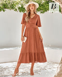 1 x RAW Customer Returns BebreezChic Summer Dress Women Long Boho Elegant Short Sleeve V-Neck High Waist Swiss Dot Ruched Floral Beach Dress Maxi Dress, Caramel L - RRP €49.99