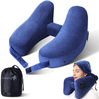 1 x RAW Customer Returns Sunany Neck Pillow Inflatable Travel Pillow Comfortably Supports Head, Neck and Chin, Airplane Pillow with Soft Velor Cover, Hat, Portable Drawstring, 3D Eye Mask and Earplugs Blue  - RRP €29.23