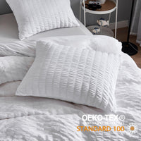 1 x RAW Customer Returns Freyamy Seersucker Bed Linen 135x200cm 4-piece White Embossed Stripes Structured Chic Bedding Plain Microfiber Soft Duvet Cover 2 Duvet Covers with Zipper and 2 Pillowcases 80x80cm - RRP €47.99