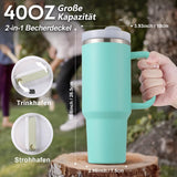 1 x RAW Customer Returns PRAOAHEI 40oz Thermal Mug with Straw and Handle, 1180 ML Double Walled Stainless Steel Hot Cold Drinks Vacuum Drinking Cup, Coffee Mug for Home Travel Mint Green - RRP €26.99