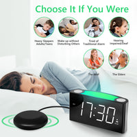 1 x RAW Customer Returns Vibrating Bedroom Alarm Clock, 7 Inch LED Dimmer, 7 Color Night Light, Adjustable Volume, Dual Alarms, 2 USB Ports for Deaf, Heavy Sleepers, Hearing Impaired - RRP €29.99