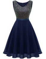 1 x RAW Customer Returns Dressystar Women s Glitter Sequin Cocktail Dress Knee Length V Neck Prom A-Line Wedding Guest Dress Navy Blue XXL - RRP €55.45