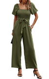 1 x RAW Customer Returns Toplop Jumpsuit Women Elegant Summer Pantsuit with Square Neckline and Belt Short Sleeve Puff Sleeves Wide Trouser Leg 362 Olive Green Small - RRP €60.11