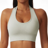 1 x RAW Customer Returns Vertvie Halterneck Sports Bra Backless Fitness Bustier Women s Padded Push Up Bra Without Underwire Sports Bra Top Yoga Bra Medium Support Workout Light Grey, M  - RRP €19.15