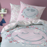 1 x RAW Customer Returns Smiley World Summer Fun Bedding Set 140x200 cm 100 Cotton Oeko-TEX Single Duvet Cover 140x200 cm 1 Pillowcase 63x63 cm Reversible Prints Grey, Pink - RRP €39.95