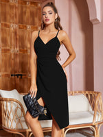 1 x RAW Customer Returns Missufe midi dress cocktail dress wrap dress summer dress party dress women s festive elegant bodycon wedding evening dresses sleeveless spaghetti strap dresses black, large  - RRP €48.99