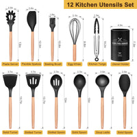 1 x RAW Customer Returns 12 Piece Kitchen Utensil Set, Silicone Kitchen Utensil Set, Non-Stick Heat-Resistant Wooden Handle Cooking Cutlery with Utensil Holder, Silicone Spatula Cookware Set, Dishwasher Safe Black  - RRP €20.99