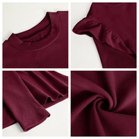 1 x Brand New YBENLOVER Women s Long Sleeve Crew Neck Slim Fit Top with Ruffles Plain Tops Autumn Shirt Wine Red, XL  - RRP €28.21