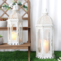 1 x RAW Customer Returns NEWIMAGE Set of 2 Decorative Candle Lanterns 50 cm and 38 cm High Lantern Lantern Outdoor Vintage Metal Candle Holder for Garden Living Room Indoor Patio Home Decoration White  - RRP €85.7