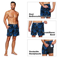 1 x RAW Customer Returns HMIYA Swim Trunks Men s 2 in 1 Swim Shorts Swimming Trunks Quick-drying Short Board Shorts with Compression and Zipper Pockets Palm Leaf Blue 4XL  - RRP €29.23