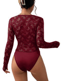 1 x RAW Customer Returns GORGLITTER Women s Body Lace Bodysuit Transparent Top Lace Body Slim T-Shirt Party Bodysuits with Bow Edge V-Neck Bordeaux L - RRP €33.26