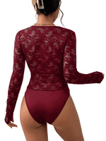 1 x RAW Customer Returns GORGLITTER women s bodysuit lace bodysuit transparent top lace bodysuit slim t-shirt party bodysuits with scalloped edge V-neck Bordeaux M - RRP €33.26