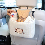 4 x Brand New VOXURY Car Seat Organizer, Storage Bag Between Car Seats, Pocket Handbag Holder for Handbags Snacks Wallets Drinks, White Material with Bear - RRP €67.36