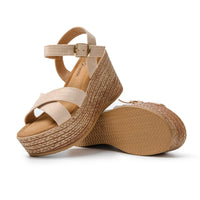 1 x RAW Customer Returns JOMIX Summer Women s Sandals Slippers Girls Sea Wedge Casual Beach with Crossed Bands with Buckle SD9104 Beige,37  - RRP €36.95