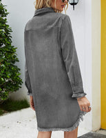 1 x RAW Customer Returns Zilcremo women s V-neck blouse dress shirt dress denim dresses long sleeve button down shirt dress tunic dresses top grey M - RRP €39.99