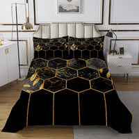 1 x RAW Customer Returns Marble Bedspread Set 240x260, Black Grey Geometric Gold Plaid Bedding Set, Modern Luxury Diamond Quilt Set with Metallic Stripe Printed Beehive Hexagon Grid Coverlet Set, Honeycomb - RRP €51.34