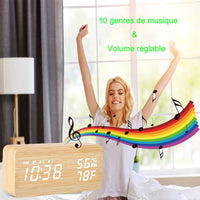 1 x RAW Customer Returns BIGFOX Digital Wooden Alarm Clock, Digital Clock, LED Alarm Clock, Large Display Temperature Snooze 2 Alarm 10 Music, Brightness and Adjustable Sound, Sound Activation, USB Charging Clock Brown  - RRP €20.4