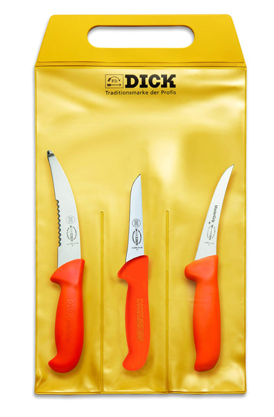 1 x RAW Customer Returns F. DICK knife set ErgoGrip 3-piece Hunting Outdoor gutting knife 15 cm, boning knife curved rigid 13 cm, ring knife straight 10 cm, HRC 56 82556200, Orange - RRP €55.36