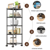 1 x RAW Customer Returns SAYZH standing shelf, 5 levels sturdy metal shelf, narrow kitchen shelf, storage shelf with wheels and non-slip feet for garage, kitchen, office, bookroom, corner, black - RRP €69.8