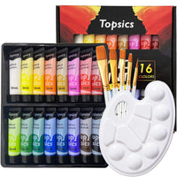 1 x RAW Customer Returns Topsics Acrylic Paint, 16 Tubes of 36 ml Paint Set, Set with 5 Brushes and 1 Mixing Palette, Paint Set for Paper, Rock, Wood - RRP €16.58