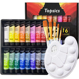 1 x RAW Customer Returns Topsics Acrylic Paint, 16 Tubes of 36 ml Paint Set, Set with 5 Brushes and 1 Mixing Palette, Paint Set for Paper, Rock, Wood - RRP €16.58