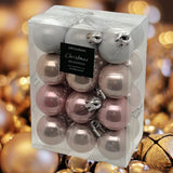 37 x Brand New Christmas decoration - Mini unbreakable plastic Christmas baubles - Suitable for outdoors - Glitter, matte and shiny - Assorted balls 30 mm, white pink, 24  - RRP €710.4