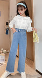 1 x RAW Customer Returns SEAUR Girls Baggy Jeans Cargo Pants Wide Leg Flared Trousers Casual Vintage Teenager Cargo Pants 120-170cm Elastic Waistband Bootcut Straight Denim Jeans Pants - 11-12 Years - RRP €32.99