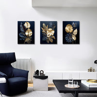 1 x RAW Customer Returns 3 pieces canvas pictures with frame, navy blue, gold, flowers, coconut leaf, picture on canvas, wall art, wall pictures, art print, decoration for living room, bedroom, ready to hang, 90 x 40 cm 30 x 40 x 3  - RRP €37.74