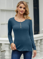 1 x Brand New Women s Autumn Henley Shirt with Buttons Elegant Casual Round Neck Long Sleeve Shirt Navy Blue S - RRP €23.77