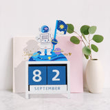 1 x Brand New PRETYZOOM Wooden Perpetual Calendar Astronaut Countdown Calendar Square Numbers Desk Calendar Spaceman Figure Perpetual Wood Block Cube Blue - RRP €20.4