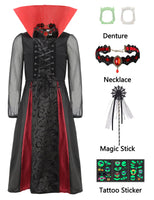 13 x Brand New FOVER Vampire Costume Girls Dracula Costume Children Royal Vampire Queen Cosplay Dress Halloween Carnival Theme Party Dress Up Outfit with Accessories Teeth Necklace Sticker FR032XL - RRP €272.87