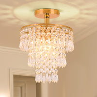 1 x RAW Customer Returns FRIXCHUR Mini Size Crystal Chandelier Modern Flush Mount Ceiling Light 3-Tier Raindrop Crystal Pendant Lighting Decoration for Bedroom Hallway Living Room, E26 Base, Gold  - RRP €39.99