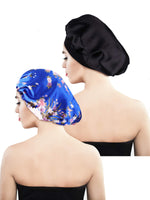 4 x Brand New 2 Pieces Satin Bonnet Night Sleep Cap Sleep Head Cover for Women Girls Sleeping Black, Blue Flower Printed  - RRP €33.44