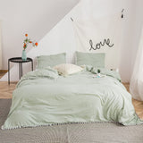 1 x Brand New Pom Pom Duvet Cover Set, Plain Farmhouse Bedding Set with White Fringe Ball, Ultra Soft and Breathable Washed Microfiber Duvet Cover - 3 Pieces Green, 135x200cm 50x75cm 1  - RRP €25.4