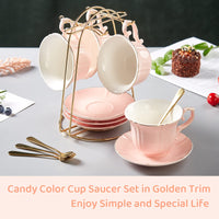 1 x RAW Customer Returns DUJUST Tea Cups and Saucers Set of 4 8 oz , Candy Color with Gold Trim, Petal Edge Coffee Cups with Metal Stand, Simple Style Porcelain Tea Party Set - Pink - RRP €43.24