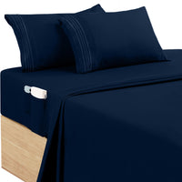 1 x RAW Customer Returns Utopia Bedding 4 Piece Embroidered Sheet Set 135x190 - Polyester Microfiber - Fitted Sheet with Storage Pockets, Flat Sheet and 2 Embroidered Pillowcases Double Queen and a Half, Navy Blue  - RRP €18.68