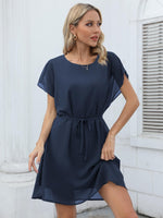 1 x RAW Customer Returns Missufe Short Summer Dress Mini Dress Round Neck Casual Dress Women Chiffon Batwing Sleeve Dresses with Belt Navy Blue, Medium  - RRP €37.3