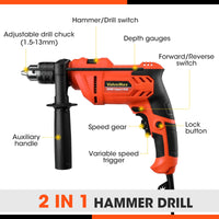 1 x RAW Customer Returns ValueMax impact drill 650W, drill 3000RPM 48000BPM, 2 in 1 drill and hammer, speed preselection and locking, with depth stop, with 3 twist drills and 2 concrete drills - RRP €42.99