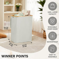 1 x RAW Customer Returns YOUDENOVA laundry basket with lid 3 compartments 160L laundry collector with 3 laundry bags large foldable laundry sorter wooden bamboo laundry chest high laundry baskets, beige - RRP €43.36