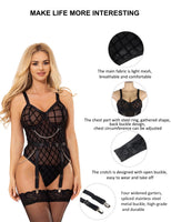 1 x RAW Customer Returns ohmydear Women s Sexy Lingerie Lace Checked Teddy Bodysuit Large Size Bodysuits Removable Chain Belt Lingerie Underwear Snap Crotch Jumpsuit with 4 Garters - RRP €26.17