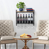 1 x RAW Customer Returns bimiti Wall Mounted Metal Wine Rack 60 x 20 x 53 cm with Glass Holder, 2 Tier Wooden Wine Rack with 5 Wine Glass Holders for Kitchen, Home, Dining Room and Bar Black - RRP €20.4