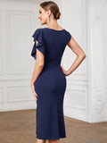 1 x RAW Customer Returns Ever-Pretty Women s Evening Dresses Short Sleeves Round Neck Stretchy Knee Length Split Party Dresses Navy Blue L - RRP €48.65