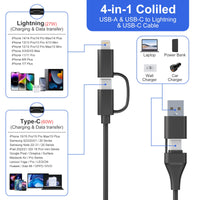 1 x RAW Customer Returns USB C and Lightning Coiled Cable 4 in 1 Android Auto Apple Carplay Cable 60W PD3A MFI Data 2-in-2 USB A USB C to USB C Lightning Cable Short Universal Fast Charging Cable for iPhone Laptop Pad Android - RRP €15.99