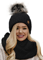 1 x RAW Customer Returns 4sold Women s One Size Winter Hat Set Mohair Wool and Wool Scarf Beanie Hat Fleece Lining Artificial Pompom - Burma Black Set - RRP €23.69