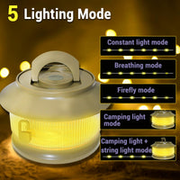 1 x RAW Customer Returns 20m Camping String Lights, 3000mAh Battery, 350 Lumens, 5 Light Modes, 2 in 1 Camping Light, Rechargeable Waterproof Portable Rechargeable Battery Powered String Lights for Camping Decoration - RRP €22.8