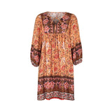 1 x RAW Customer Returns OYIGELZ Summer Dress Women s Tunic Dress 3 4 Sleeve V Neck Lace Up Fringe Floral Print Boho Women s Dress Floral Dress Evening Dress Ruffle Beach Dress Cocktail Dress S, Orange  - RRP €23.58