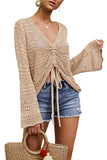 1 x RAW Customer Returns Saodimallsu Women s Boho Off Shoulder Tops Flowy Oversized Long Sleeve Top V-Neck Crochet Sexy Tie Front Ruffle Shirts Apricot - RRP €31.24