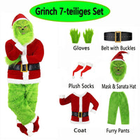 1 x RAW Customer Returns SnowDream 7-piece green fur monster costume for adults, Santa Claus costume, cosplay outfit, Halloween Christmas suit with mask and Santa hat - RRP €100.19