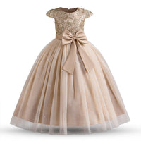 1 x RAW Customer Returns NNJXD Flower Girl Party Dress Tutu Sparkling Sequins Christmas Party Bowknot Long Princess Wedding Dress 053 Champagne Size 130 6-7 Years - RRP €39.98