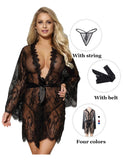 1 x RAW Customer Returns ohyeahlady women s kimono lace robe flounce long-sleeved transparent wide sleeve dressing gown sexy lingerie nightwear bathrobe lingerie set with G-string belt large sizes black, XS-S  - RRP €20.99